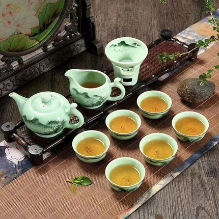 Lotus Landscape Longquan Celadon Kung Fu Tea Set - Exquisite 9-Piece Gift Collection for Tea Enthusiasts - Très Elite