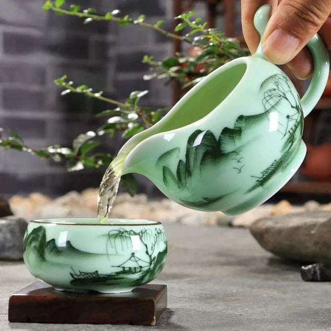Lotus Landscape Longquan Celadon Kung Fu Tea Set - Exquisite 9-Piece Gift Collection for Tea Enthusiasts