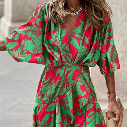 Lotus Luxe: Stylish Leaf Print Dress with Statement Puff Sleeves - Très Elite