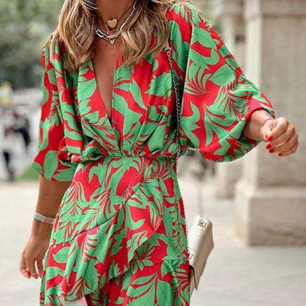 Lotus Luxe: Stylish Leaf Print Dress with Statement Puff Sleeves - Très Elite