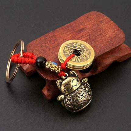 Lucky Fortune Cat Brass Keychain with Five Emperors Coin Charm - Très Elite