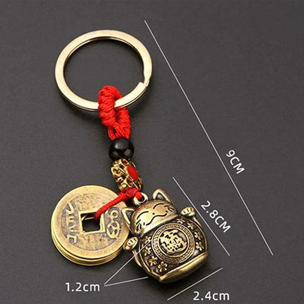 Lucky Fortune Cat Brass Keychain with Five Emperors Coin Charm - Très Elite