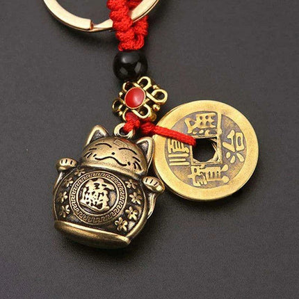 Lucky Fortune Cat Brass Keychain with Five Emperors Coin Charm - Très Elite