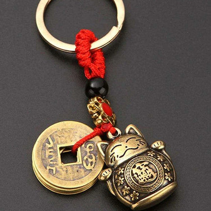 Lucky Fortune Cat Brass Keychain with Five Emperors Coin Charm - Très Elite