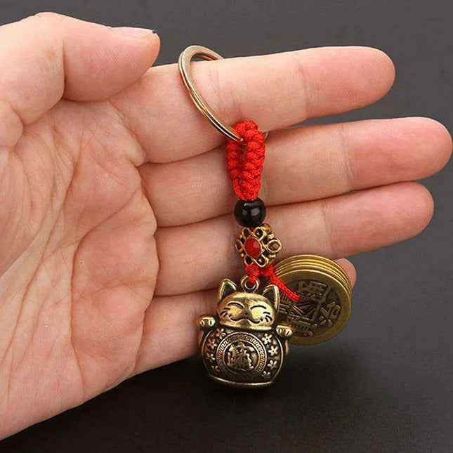 Lucky Fortune Cat Brass Keychain with Five Emperors Coin Charm