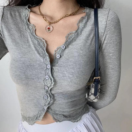 Luxe Grey Lace Patch V-Neck Knit Crop Top - Chic Women's Essential - Très Elite