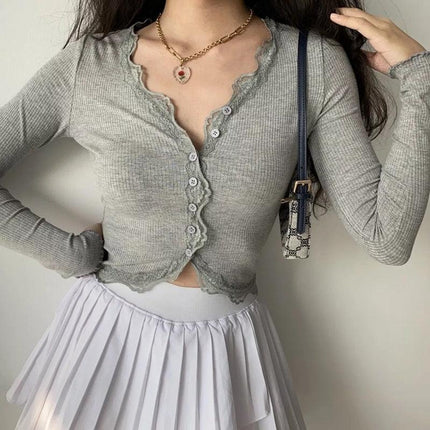 Luxe Grey Lace Patch V-Neck Knit Crop Top - Chic Women's Essential - Très Elite