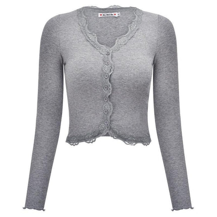 Luxe Grey Lace Patch V-Neck Knit Crop Top - Chic Women's Essential - Très Elite