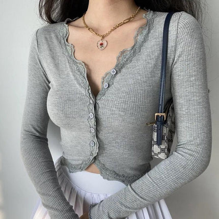 Luxe Grey Lace Patch V-Neck Knit Crop Top - Chic Women's Essential - Très Elite