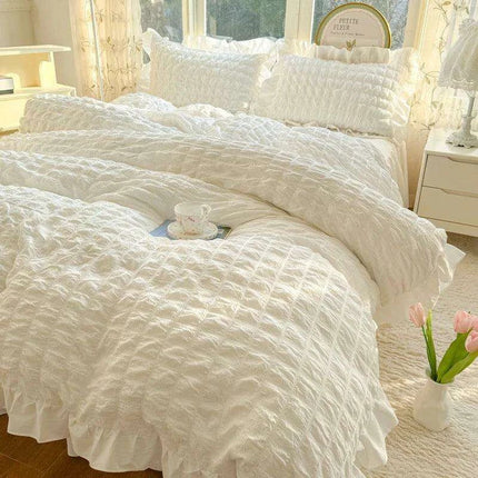 Luxe Korean Princess Lace Ruffle Bedding Ensemble with Duvet Cover, Bed Sheet, Skirt, and Pillowcases - Très Elite