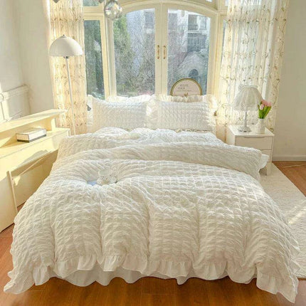Luxe Korean Princess Lace Ruffle Bedding Ensemble with Duvet Cover, Bed Sheet, Skirt, and Pillowcases - Très Elite