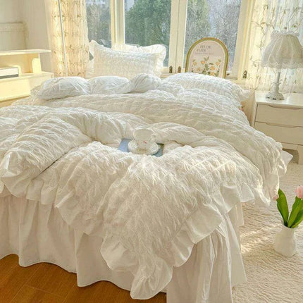 Luxe Korean Princess Lace Ruffle Bedding Ensemble with Duvet Cover, Bed Sheet, Skirt, and Pillowcases - Très Elite