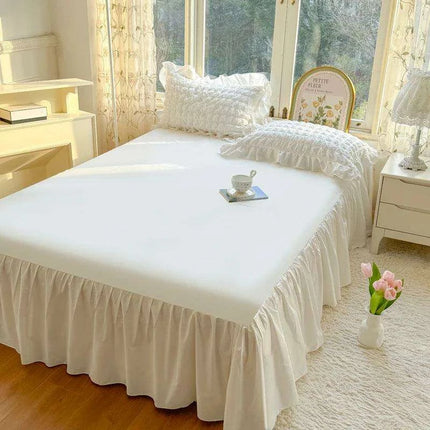 Luxe Korean Princess Lace Ruffle Bedding Ensemble with Duvet Cover, Bed Sheet, Skirt, and Pillowcases - Très Elite