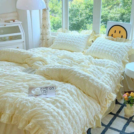 Luxe Korean Princess Lace Ruffle Bedding Ensemble with Duvet Cover, Bed Sheet, Skirt, and Pillowcases- Très Elite- Très Elite