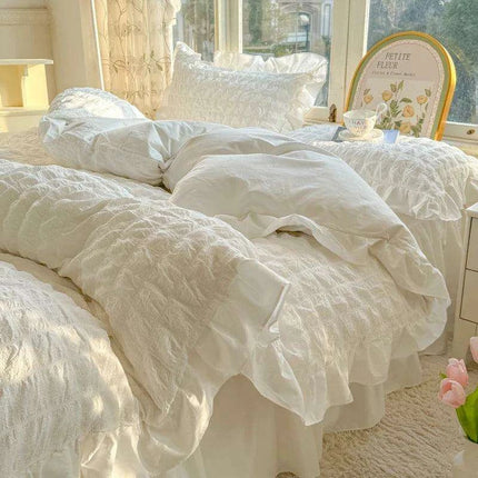 Luxe Korean Princess Lace Ruffle Bedding Ensemble with Duvet Cover, Bed Sheet, Skirt, and Pillowcases - Très Elite