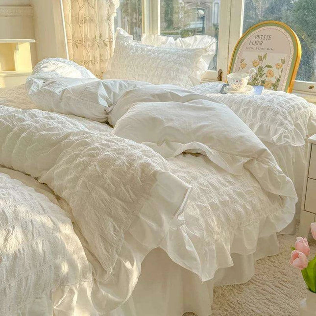 Luxe Korean Princess Lace Ruffle Bedding Ensemble with Duvet Cover, Bed Sheet, Skirt, and Pillowcases
