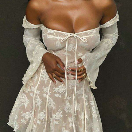 Luxe Lace-Trimmed Strappy Dress with Sophisticated Long Sleeves - Très Elite
