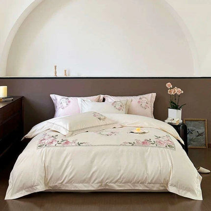 Luxurious 1000TC Egyptian Cotton Floral Embroidered Bedding Set - Cream, Pink, and Green Duvet Cover, Sheet, and Pillowcases - Très Elite
