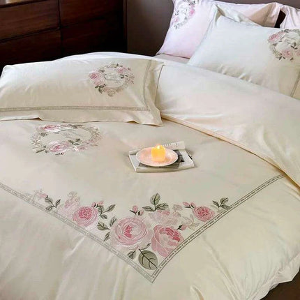 Luxurious 1000TC Egyptian Cotton Floral Embroidered Bedding Set - Cream, Pink, and Green Duvet Cover, Sheet, and Pillowcases - Très Elite