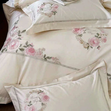 Luxurious 1000TC Egyptian Cotton Floral Embroidered Bedding Set - Cream, Pink, and Green Duvet Cover, Sheet, and Pillowcases - Très Elite