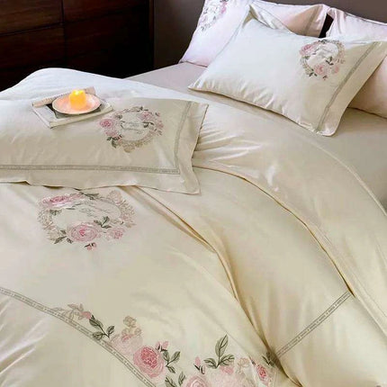 Luxurious 1000TC Egyptian Cotton Floral Embroidered Bedding Set - Cream, Pink, and Green Duvet Cover, Sheet, and Pillowcases - Très Elite