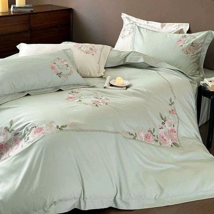 Luxurious 1000TC Egyptian Cotton Floral Embroidered Bedding Set - Cream, Pink, and Green Duvet Cover, Sheet, and Pillowcases- Très Elite- Très Elite