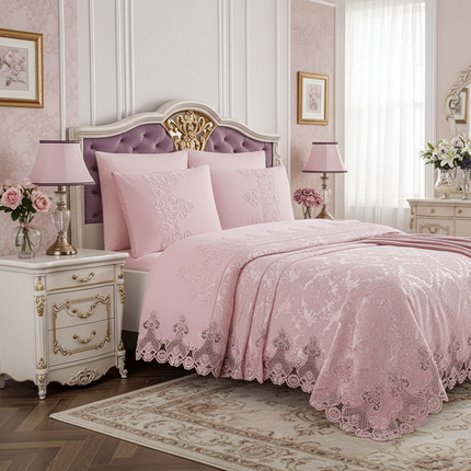 Elegant 6-Piece Powder Bedding Set with Lace Detailing from Dubai