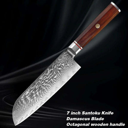 Luxurious 7-Piece Damascus Steel Knife Set with Artisan Rosewood Handles..