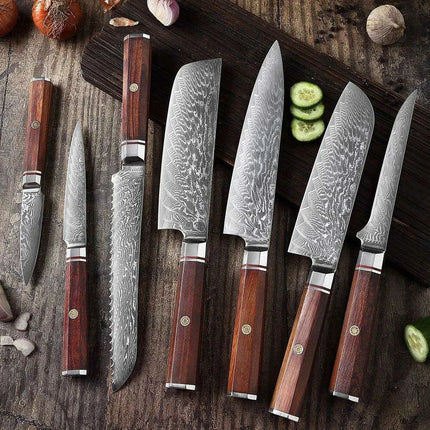 Luxurious 7-Piece Damascus Steel Knife Set with Artisan Rosewood Handles - Très Elite