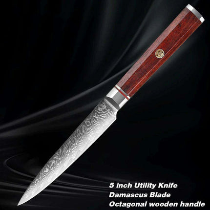 Luxurious 7-Piece Damascus Steel Knife Set with Artisan Rosewood Handles..