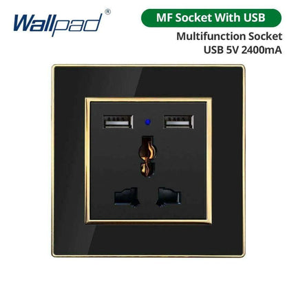 Luxurious Black Acrylic Switch Panel with Gold Accents & Universal Sockets - 220V, Multi-Gang, Modern Design - Illuminated Control Panel with USB Charging Feature..