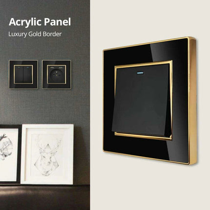 Luxurious Black Acrylic Switch Panel with Gold Accents & Universal Sockets - 220V, Multi-Gang, Modern Design - Illuminated Control Panel with USB Charging Feature - Très Elite