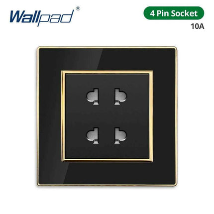 Luxurious Black Acrylic Switch Panel with Gold Accents & Universal Sockets - 220V, Multi-Gang, Modern Design - Illuminated Control Panel with USB Charging Feature..