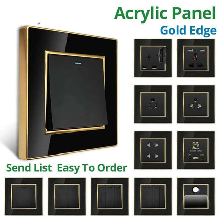 Luxurious Black Acrylic Switch Panel with Gold Accents & Universal Sockets - 220V, Multi-Gang, Modern Design - Illuminated Control Panel with USB Charging Feature - Très Elite
