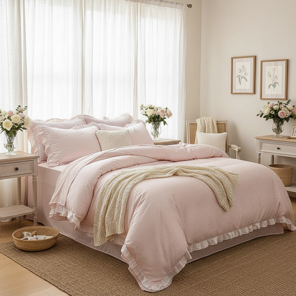 Luxurious Blush Lyocell Silky Princess Bedding Ensemble with Jacquard Ruffles - Très Elite