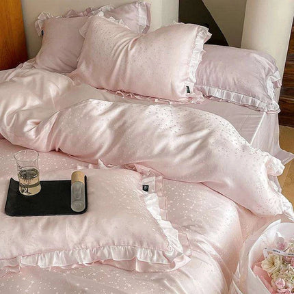 Luxurious Blush Lyocell Silky Princess Bedding Ensemble with Jacquard Ruffles - Très Elite
