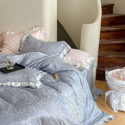 Luxurious Blush Lyocell Silky Princess Bedding Ensemble with Jacquard Ruffles - Duvet Cover, Flat Sheet, Fitted Sheet, and Pillowcases- Très Elite- Très Elite