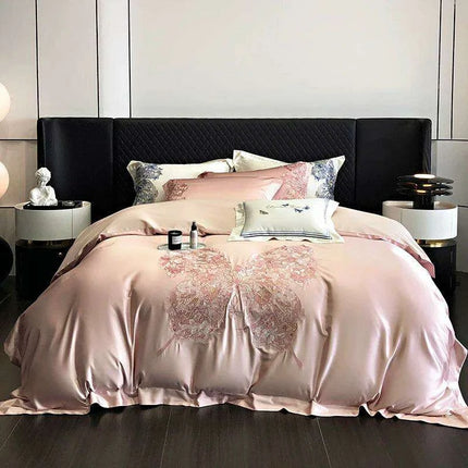 Luxurious Butterfly Embroidery Satin Silk Cotton Bedding Set - Silky Brocade Duvet Cover, Bed Sheet & Pillowcases (4 Piece Collection)- Très Elite- Très Elite
