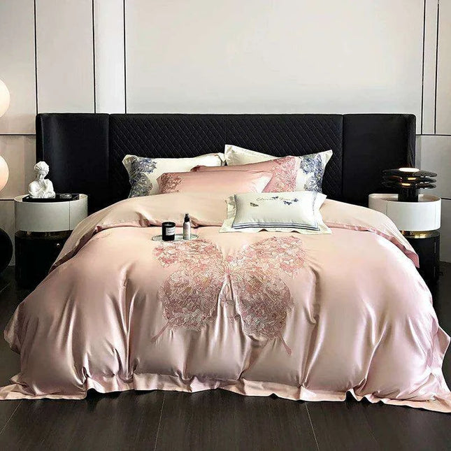 Luxurious Butterfly Embroidery Satin Silk Cotton Bedding Set - Silky Brocade Duvet Cover, Bed Sheet & Pillowcases (4 Piece Collection)