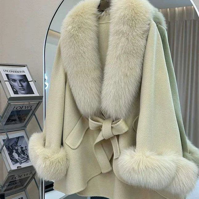 Luxurious Cashmere Wool Winter Coat with Genuine Fox Fur Detailing