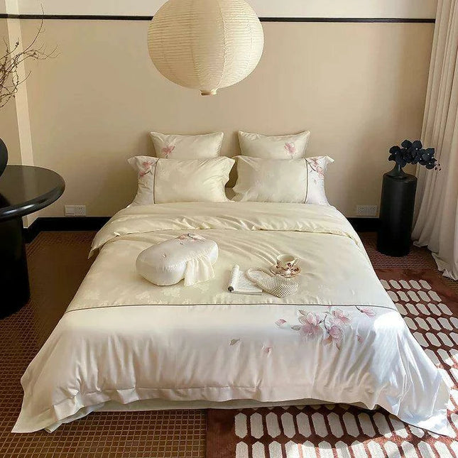 Luxurious Chinese Floral Embroidered Lyocell Cotton Silky Soft Bedding Ensemble with Duvet Cover, Flat/Fitted Sheets & Pillowcases