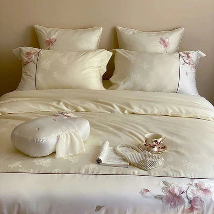 Luxurious Chinese Floral Embroidered Lyocell Cotton Silky Soft Bedding Ensemble with Duvet Cover, Flat/Fitted Sheets & Pillowcases- Très Elite- Très Elite