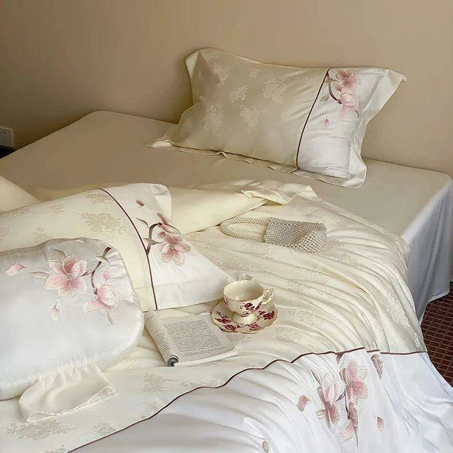 Luxurious Chinese Floral Embroidered Lyocell Cotton Silky Soft Bedding Ensemble with Duvet Cover, Flat/Fitted Sheets & Pillowcases