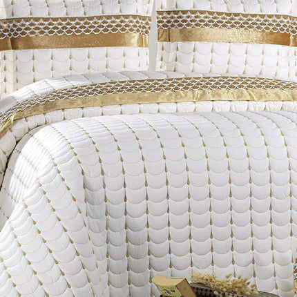 Luxurious Cream Gold Velvet Turkish Double Bed Cover Set - Très Elite