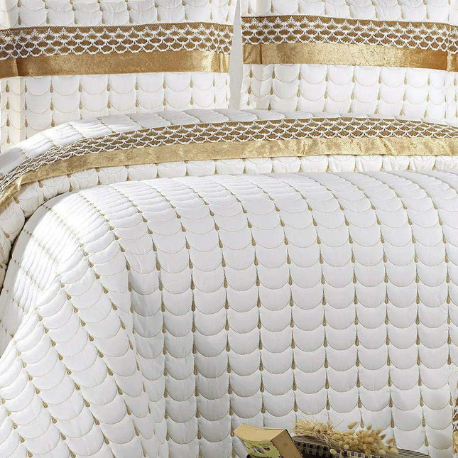 Luxurious Cream Gold Velvet Turkish Double Bed Cover Set