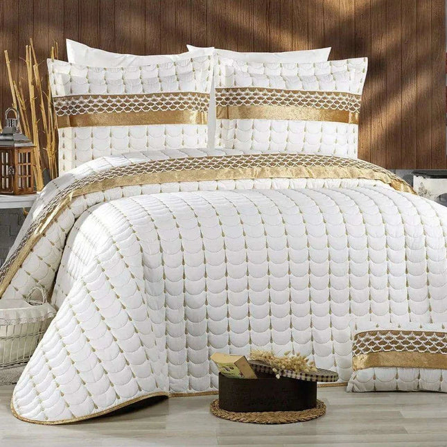 Luxurious Cream Gold Velvet Turkish Double Bed Cover Set