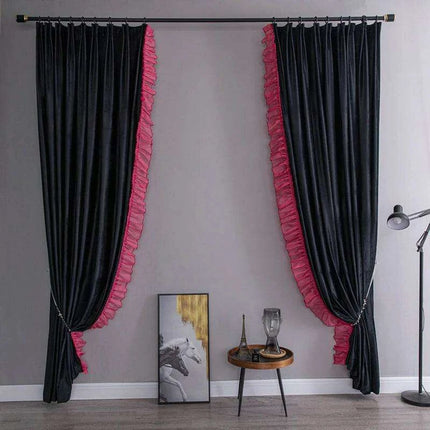 Luxurious French-Style Black Velvet Lace Blackout Drapes with Romantic Ruffles for Stylish Interiors- Très Elite- Très Elite