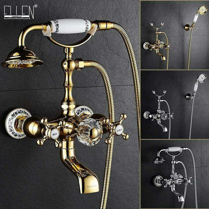 Luxurious Gold Brass Bathtub Faucet with Crystal Accents and Hand Shower - Très Elite