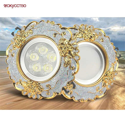 Luxurious Gold Resin Ceiling Fixture with Stylish Integrated Spotlights..