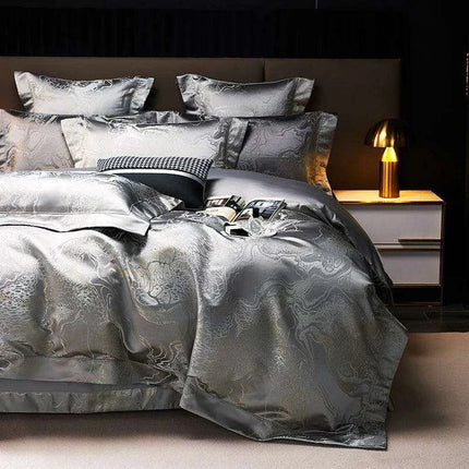 Luxurious Golden Jacquard Satin Bedding Set - 4-Piece Black Duvet & Egyptian Cotton Sheets- Très Elite- Très Elite